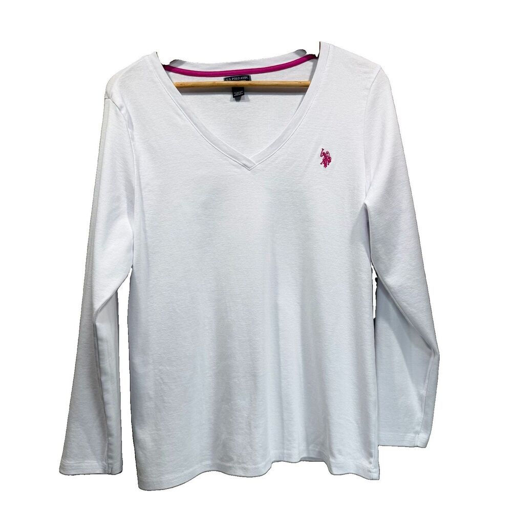 U.S. POLO ASSN. Women's Size XXL White 100% Cotton Long Sleeve V-Neck Shirt Logo